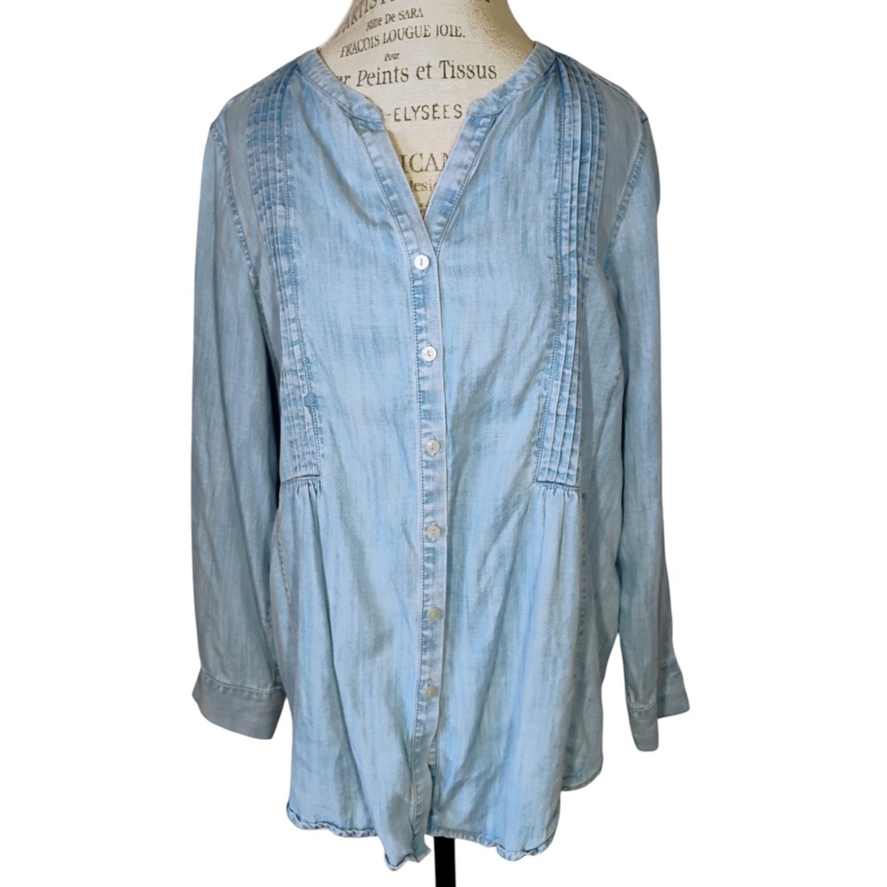 Coldwater Creek Chambray Button Shirt Womens 1X‎ Blue Roll Tab Western Cottage